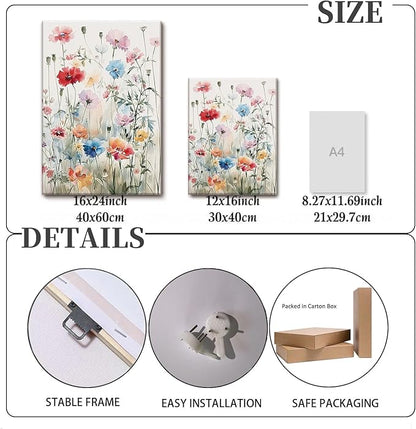 KISSFOX Framed Colorful Wildflower Canvas Wall Art Set Of 3 Flowers Pictures Prints Flowers Printing Floral Watercolors Flower wall Decor Living Room Girls Bedroom Bathroom