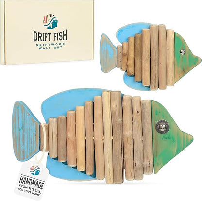 2-Piece Driftwood Fish Nautical Wall Decor - Handmade Wooden Rustic Coastal Wall Art for Living Room, Bedroom, Office, Bathroom - Ocean Beach Decoration (Specter)