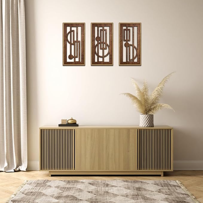 KAIRNE Abstract Geometric Wooden Wall Art Set of 3,Vintage Mid Century Rectangle Wall Sculptures,Rustic Minimalist Artwork,Boho Wood Hanging Decor for Living Room Bedroom Kitchen Office,8X16 inch