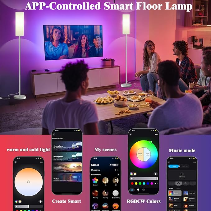 Qaubauyt Smart LED Floor Lamp with APP Control & RGB Colors - Dimmable Standing Lamp for Living Room, Bedroom, Gaming - Remote, Timer, 9W Bulb Included, 67" Modern Tall Lamp (White)