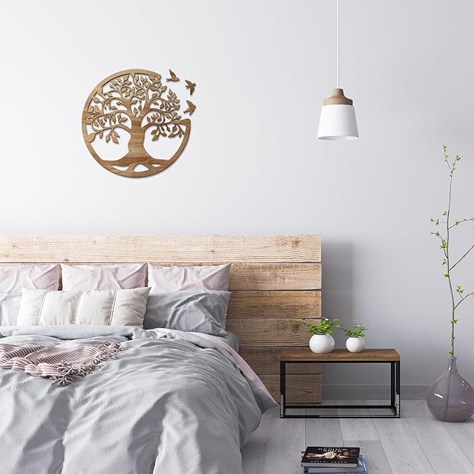 Tree of Life Wall Art Wooden Tree Life Wall Decor with Three Birds 12 Inch Round Family Tree Life Wall Hanging Plaque for Bedroom Living Room Kitchen Office Farmhouse Decor Indoor Outdoor (Round Tree of Life - Wood Color)