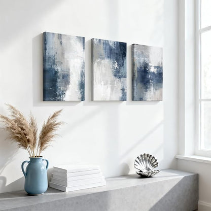WENGTIAO 3 Pcs Navy Blue Abstract Canvas Wall Art Prints Modern Minimalist Blue Gray Artwork for Walls Framed White Neutral Poster Paintings Decor for Living Room Bedroom Bathroom Office 16x24x3Pcs