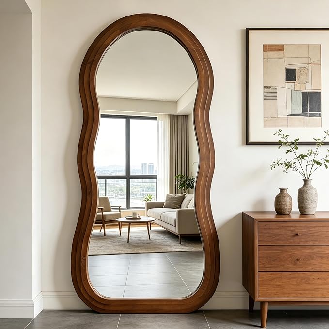 Wavy Full Length Mirror, 67"x31.5" Large Irregular Aesthetic Mirrors with Triple Layer Solid Wood Frame, Premium Organic Floor Mirror for Living Room Entryway Hallway, Leaning/Hanging
