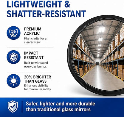 12” Acrylic Convex Mirror, Round Indoor Security Mirror for the Garage Blind Spot, Store Safety, Warehouse Side View, and More, Wall Mirror for Personal or Office Use - Vision Metalizers,Black