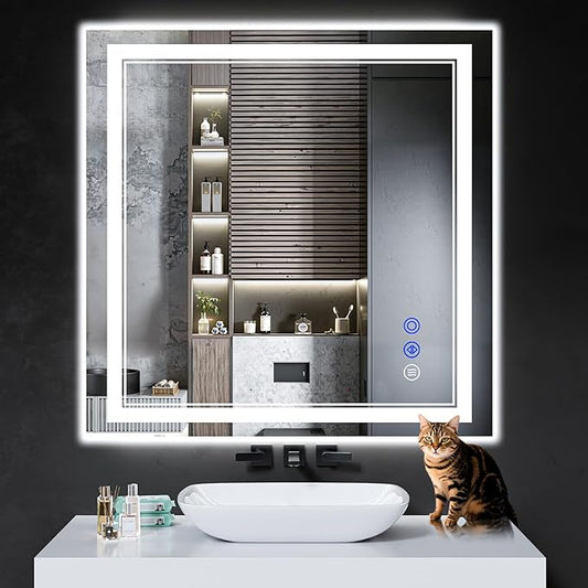 36"x36" LED Bathroom Mirror with Anti-Fog, Stepless Dimmable Lights, 3 Color Modes, Shatter-Proof Tempered Glass,Waterproof Design