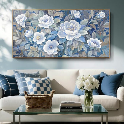 Large Framed Blue Gray And White Plant Wall Art For Living Room, Natural Plant Canvas Print Paintings Artwork For Walls, Elegant Floral Pictures For Bedroom Kitchen And Lounge Wall Decor58X29 In
