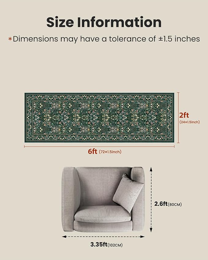 AMADA HOMEFURNISHING Washable Runner Rugs for Hallway, 2x6 Kitchen Rug, Non-Slip & Low-Profile Area Rug, Soft Floral Rug with Durable Edge Binding, Rugs for Entryway Kitchen Bedroom Laundry Bathroom
