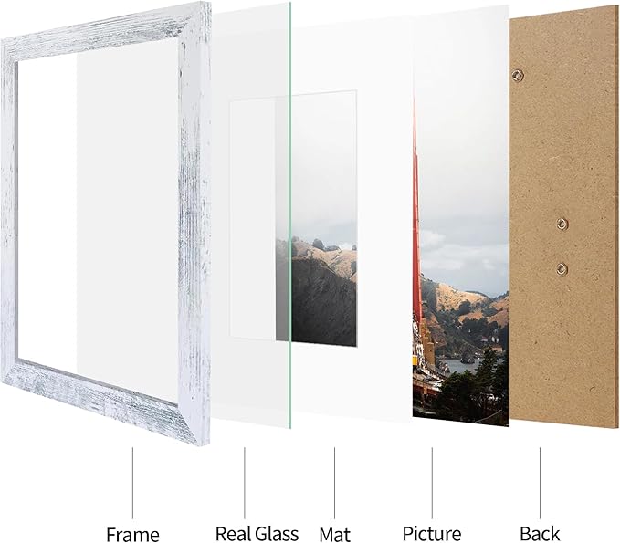 iRahmen 9x12 Picture Frame Set of 2, Distressed White Wood Photo Frames with Tempered Glass, Display Pictures 6x8 with Mat or 9 x 12 without Mat for Horizontal or Vertical Tabletop and Wall Mounting