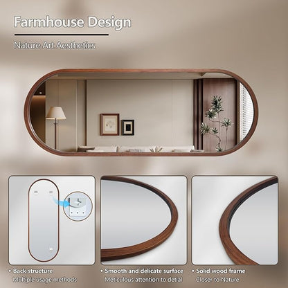 Oval Full Length Mirror, 66"X24" Walnut Full Body Mirror with Wood Frame, Large Wall Mirrors for Bathroom, Living Room, Bedroom, Bathroom, Entryway, Vertical/Horizontal