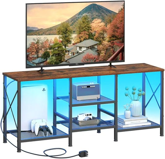 JARHETUN TV Stand with LED Lights for 55 Inch TV, Entertainment Center with 3-Tier Open Shelves, TV Console Table for Living Room, Bedroom, Rustic Brown