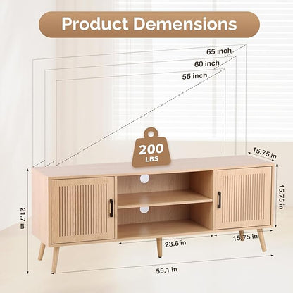 Modern TV Stand for 65 Inch TV, Entertainment Center with 2 Storage Cabinets and Adjustable Shelf, Solid Wood Feet, 4 Cord Holes, Groove Stripe Media TV Console Table for Living Room Bedroom (Natural)