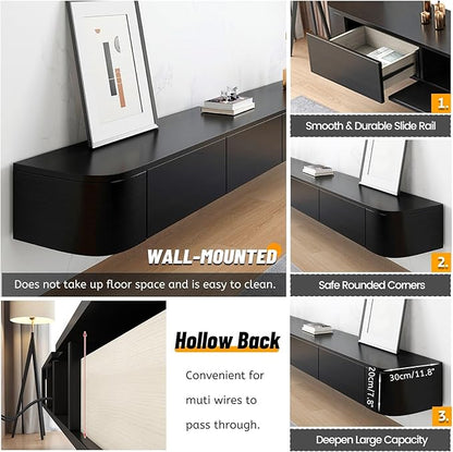 Modern Wall-Mounted Wooden TV Cabinet, White Media Console with Drawers, Cable Management, Hollow Back, Stylish Entertainment Center, 140x24x20cm TV Stand