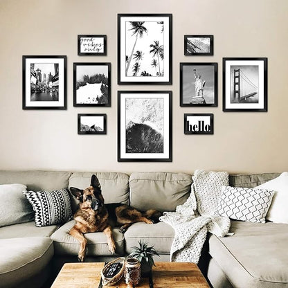 ArtbyHannah Gallery Wall Frame Set for Living Room, Multi-Size Black Picture Frames with Landscape Print Pictures, Hanging Wall Art Decor Black Photo Frame for Staircase Decoration (10 Pack)