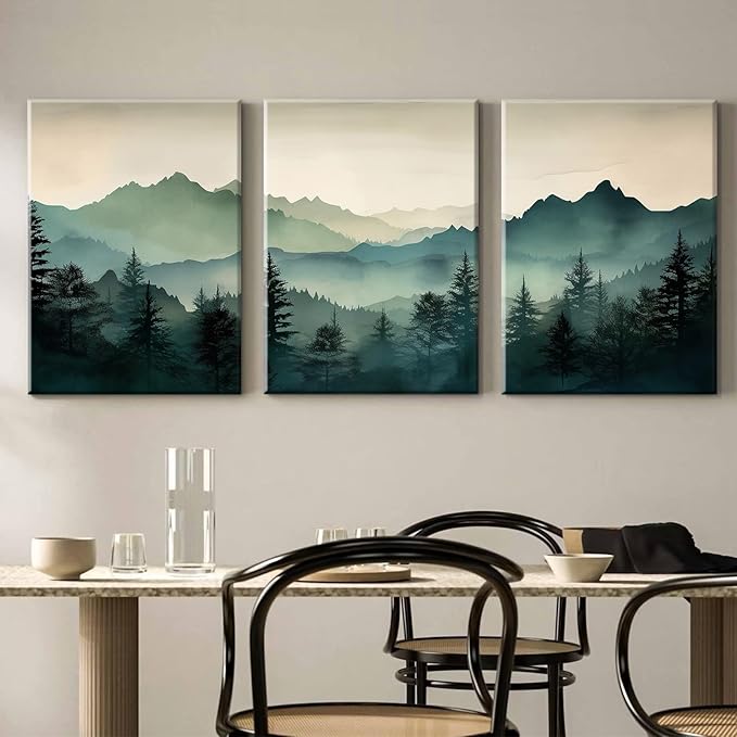 Mountain Wall Art Decor Set of 3 Sage Green Forest Canvas Wall Art Prints Nature Landscape Wall Decor Watercolor Pine Tree Pictures Abstract Modern Painting for Living Room Bedroom 16x24 Inch Framed