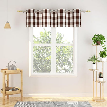 3 Pieces Tier Curtains and Valance Set Buffalo Check Kitchen Tiers Plaid Gingham Grommet Top Classic Short Small Cafe Curtains Country Farmhouse Cafe Bathroom 54"x18"/32"x24" Brown & White