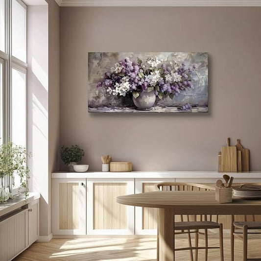 SERIMINO Large Wall Art for Living Room, Still Life Flowers Canvas Prints, Purple Floral Botanical Decor Paintings, Modern Aesthetic Pictures Wall Decor, Farmhouse Kitchen Artwork 24"X48"
