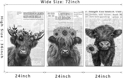 Black and White Highland Cow Canvas Wall Art 3 Panel Rustic Floral Highland Cow Poster Wall Decor Vintage Funny Farm Animal Artwork for Country Apartment Living Room Hotel Decoration 24x36inchx3pcs