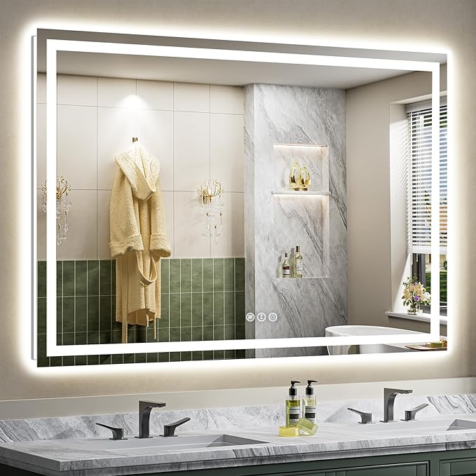 Briivue 66x40 Inch LED Bathroom Mirror with Lights, Backlit & Front Lit, Anti-Fog Lighted Bathroom Vanity Mirror for Wall, Memory Function, Dimmable, HD Tempered Glass, Shatter-Proof