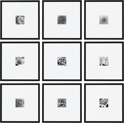 eletecpro 16x16 Picture Frames Set of 9, Classic Gallery Wall Frame Set for 4x4 Photos with Mat or 16x16 without Mat, Large Picture Frame for Art Prints, Black Poster Frames for Home Decor Wall