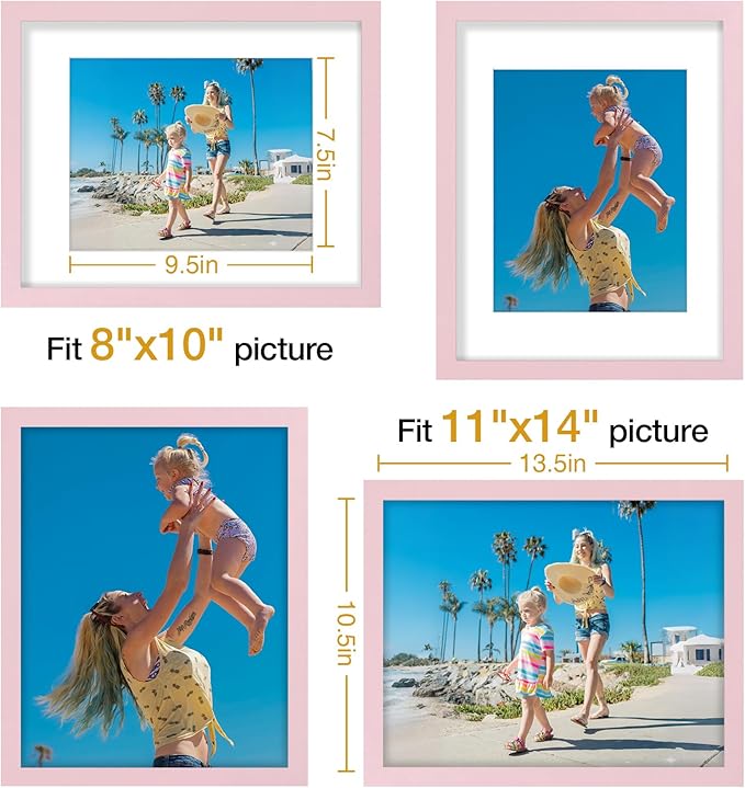 Vittanly 11x14 Picture Frames Set of 9, Display 8x10 Pictures with Mat or 11x14 without Mat, Photo Frames for Wall or Tabletop with Plexiglass, Engineered Wood, Pink