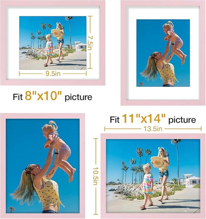 Vittanly 11x14 Picture Frames Set of 9, Display 8x10 Pictures with Mat or 11x14 without Mat, Photo Frames for Wall or Tabletop with Plexiglass, Engineered Wood, Pink