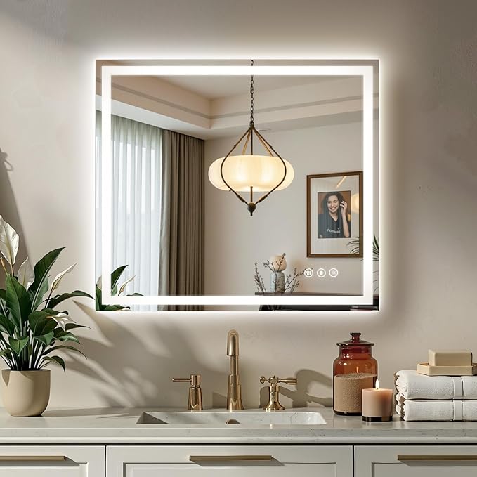 32X36 LED Bathroom Mirror with Lights, Anti-Fog, Backlit + Front Lit (CRI>90), Lighted Bathroom Vanity Mirror for Wall, Memory Function, Dimmable, Tempered Glass, Shatter-Proof