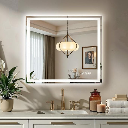 32X36 LED Bathroom Mirror with Lights, Anti-Fog, Backlit + Front Lit (CRI>90), Lighted Bathroom Vanity Mirror for Wall, Memory Function, Dimmable, Tempered Glass, Shatter-Proof