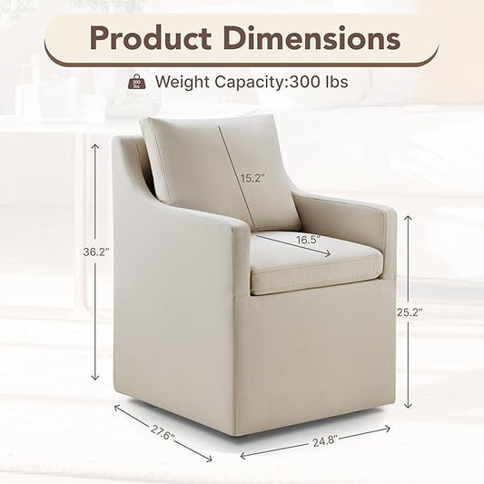 KISLOT Upholstered Dining Chairs Set of 1, Modern Dining Room Chairs with Casters & Washable Cover, Rolling Accent Chair with Hidden Storage for Kitchen, Farmhouse, Living Room, Flax Beige, 1 Box