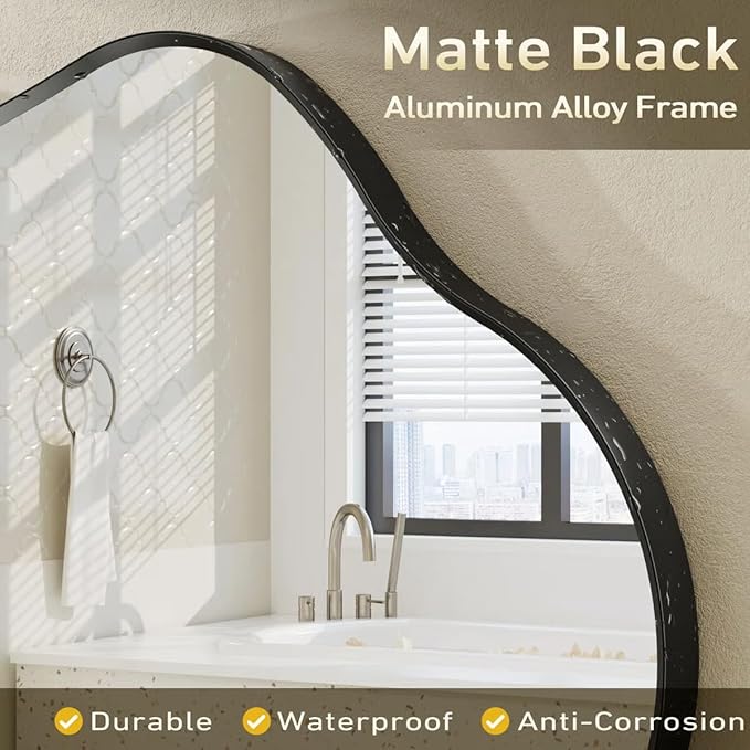 24x36 Inch Black Irregular Matte Bathroom Mirror, Black Asymmetrical Mirror for Wall Decor, Aluminum Alloy Frame, Shatterproof, Anti-Rust(Horizontally/Vertically)