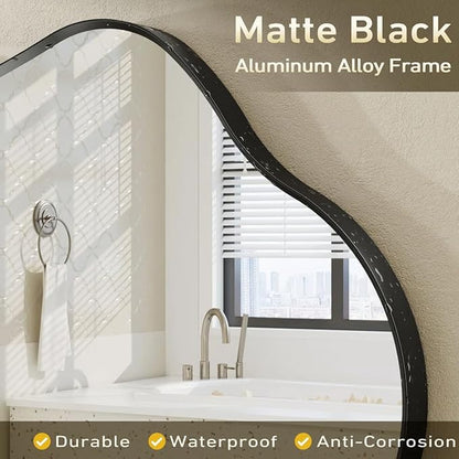 24x36 Inch Black Irregular Matte Bathroom Mirror, Black Asymmetrical Mirror for Wall Decor, Aluminum Alloy Frame, Shatterproof, Anti-Rust(Horizontally/Vertically)