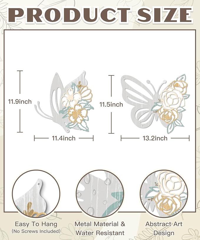 Putuo Decor 2 Pieces Butterfly Metal Wall Decor Floral Iron Wall Sculptures Modern Minimalist Butterfly Flower Wall Art for Living Room Bedroom Hallway Kitchen Bathroom Home Decoration