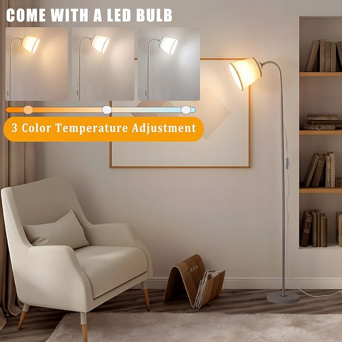Floor Lamp, Industrial Metal Floor Lamps for Living Room with Adjustable Bendable 2 in 1 Reading Table Lamps for Living Room Bedroom Office (W+ Linen Shade)