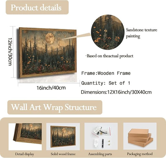 Vintage Nature Forest Wall Art Dark Moon Landscape Painting Wall Decor Woodland Picture Artwork 3D Textured Hand Drawn Sandstone for Farmhouse Bedroom Living Room 12x16 inch Wood Framed