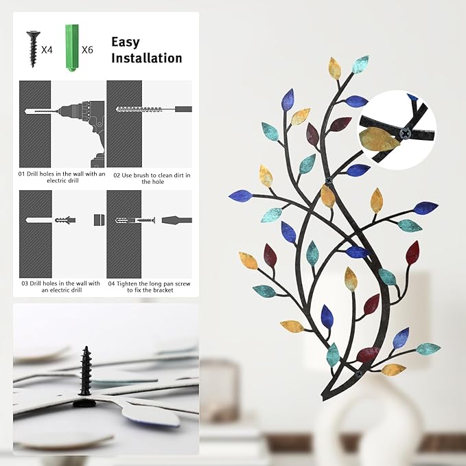 Meltset Metal Tree Leaf Wall Decor, Vine Olive Leaf Branch Wall Art, Wrought Iron Scroll Artwork, Decorative Wall Sculptures Above The Bed, Living Room, Hallway, Indoor and Outdoor（S/Blue）