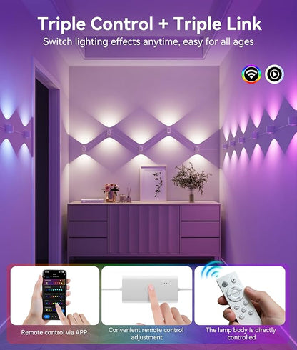 DeckTok 8-Light RGBCW Wall Sconce Light, Up/Down Bedroom Wall Lights, Music Sync, DIY-Styling Color-Changing Wall Lamps for Living Room Party Home Decor, Works with Alexa/Google Assistant, 23.3ft
