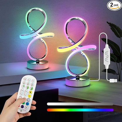EIDISUNY Modern RGB Table Lamps, Multicolor Changing Spiral Bedside Lamp with Remote&APP, Cool Table Lamp, Dimmable LED Nightstand Lamp with Music Rhythm Modes for Bedroom, Living Room, Black(2 Pack)