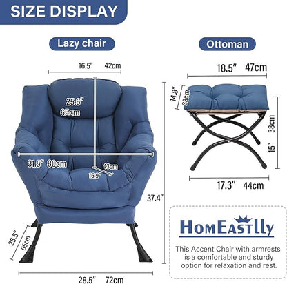 Lazy Chair with Ottoman, Large Royal Blue Accent Chair with Ottoman, Comfy Reading Armchair, Leisure Sofa Chair for Living Room, Bedroom, Dorm Room, Office