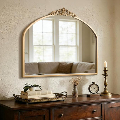 1 Set Vintage 36x29 Gold Antique Baroque Arched Ornate Traditional Brass Mirror and 8.5x12 Vintage Vanity Makeup Desk Table Mirror for Bathroom Entryway Living Room Hallway Fireplace