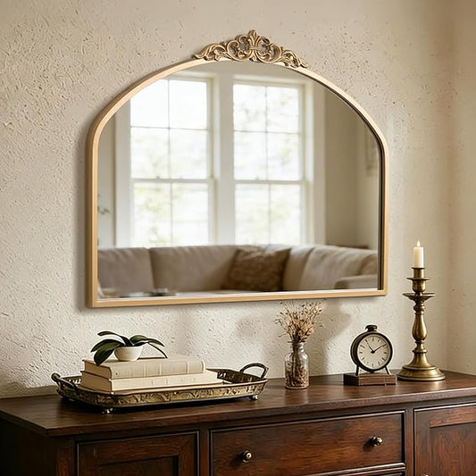 1 Set Vintage 36x29 Gold Antique Baroque Arched Ornate Traditional Brass Mirror and 8.5x12 Vintage Vanity Makeup Desk Table Mirror for Bathroom Entryway Living Room Hallway Fireplace