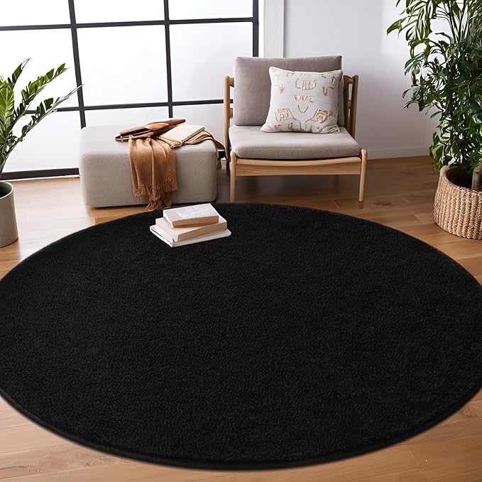Black Round Area Rugs for Living Room Bedroom, 4x4 Feet Ultra Soft Memory Foam Modern Indoor Circle Carpet, Non-Slip Comfy Washable Circular Rug for Boys Girls Nursery Room Home Decor