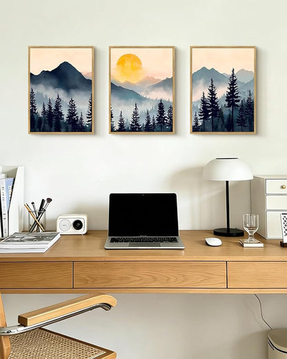 PHOPAGO Blue Fog Pine Tree Mountain Landscape Framed Wall Art Retro Watercolor Nature Misty Forest Artwork Paints Sun Rise Rustic Farmhouse Home Decor - 11x14in Natural Framed