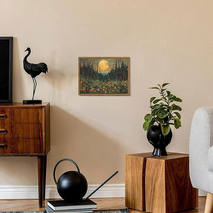 Vintage Forest Moon Wall Art, Nature Pine Tree Woodland Wall Decor Paintings, Dark Cottagecore Landscape 3D Textured Hand Drawn Sandstone Artwork for Bedroom Living Room 24x36 inch Wood Framed