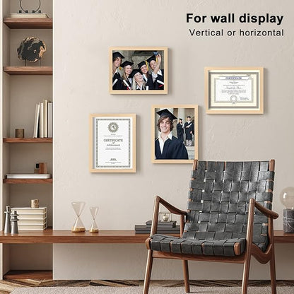 KINLINK 8.5x11 Picture Frame Natural, Solid Wood Diploma Frames with Acrylic Plexiglass for Pictures, Certificate Degree Document Frame Tabletop and Wall Mounting Display, Set of 4