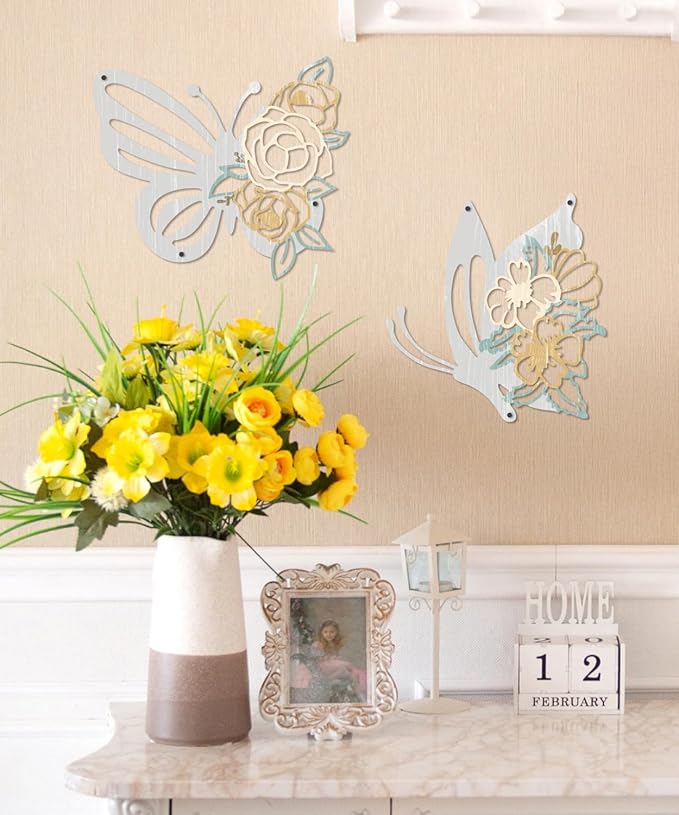 Putuo Decor 2 Pieces Butterfly Metal Wall Decor Floral Iron Wall Sculptures Modern Minimalist Butterfly Flower Wall Art for Living Room Bedroom Hallway Kitchen Bathroom Home Decoration