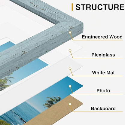 Vittanly 12x12 Picture Frames Set of 9, Display 8x8 Pictures with Mat or 12x12 without Mat, Photo Frames for Wall Mount, Engineered Wood, Rustic Blue