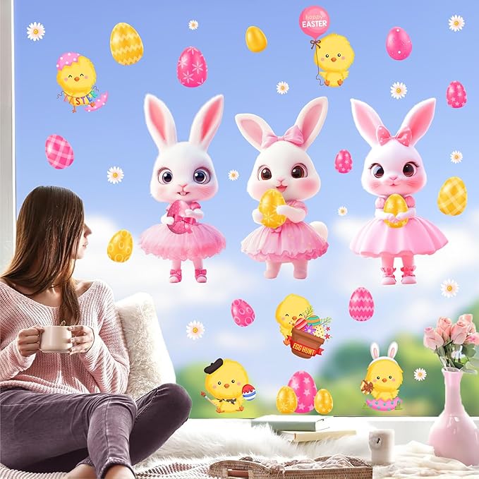 Pink Easter Window Clings Decoration Stickers for Glass Bunny Decals for Girls Bedroom Double-Side Spring Easters Eggs Cling Chick Rabbit Sticker for Living Room Kitchen Holiday Home Indoor Decor
