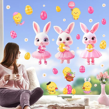 Pink Easter Window Clings Decoration Stickers for Glass Bunny Decals for Girls Bedroom Double-Side Spring Easters Eggs Cling Chick Rabbit Sticker for Living Room Kitchen Holiday Home Indoor Decor