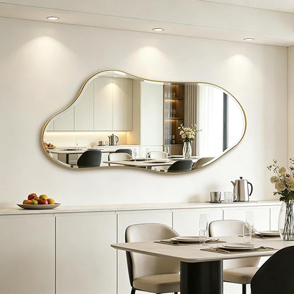 POZINO Large Irregular Beveled Mirror, 63"x31.5" Premium Asymmetrical Full Length Mirror with Gold Metal Frame, Organic Wall Mirrors for Living Room Bedroom Hallway Entryway, Horizontal/Vertical