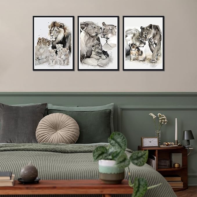 Lion Family Framed Canvas Wall Art Wildlife Animal Decor for Country House Apartment Living Room Vintage Farmhouse Nature Lion Portrait Print Artwork Wall Decor Easy to Hand 12x16inchx3pcs