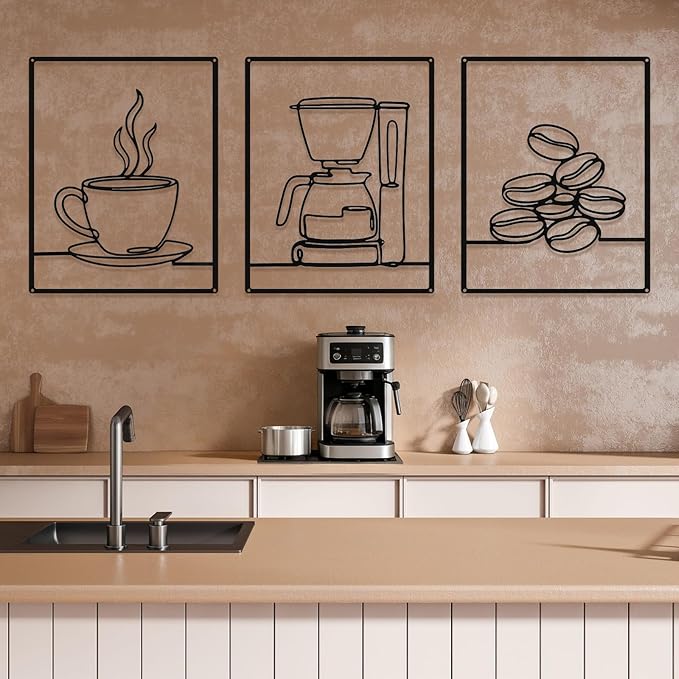 3 Pieces Metal Minimalist Line Kitchen Signs Wall Decor Drawing Rustic Kitchen Wall Art for Dining Living Room Home, 14 x 11 Inches (Coffee,Black)
